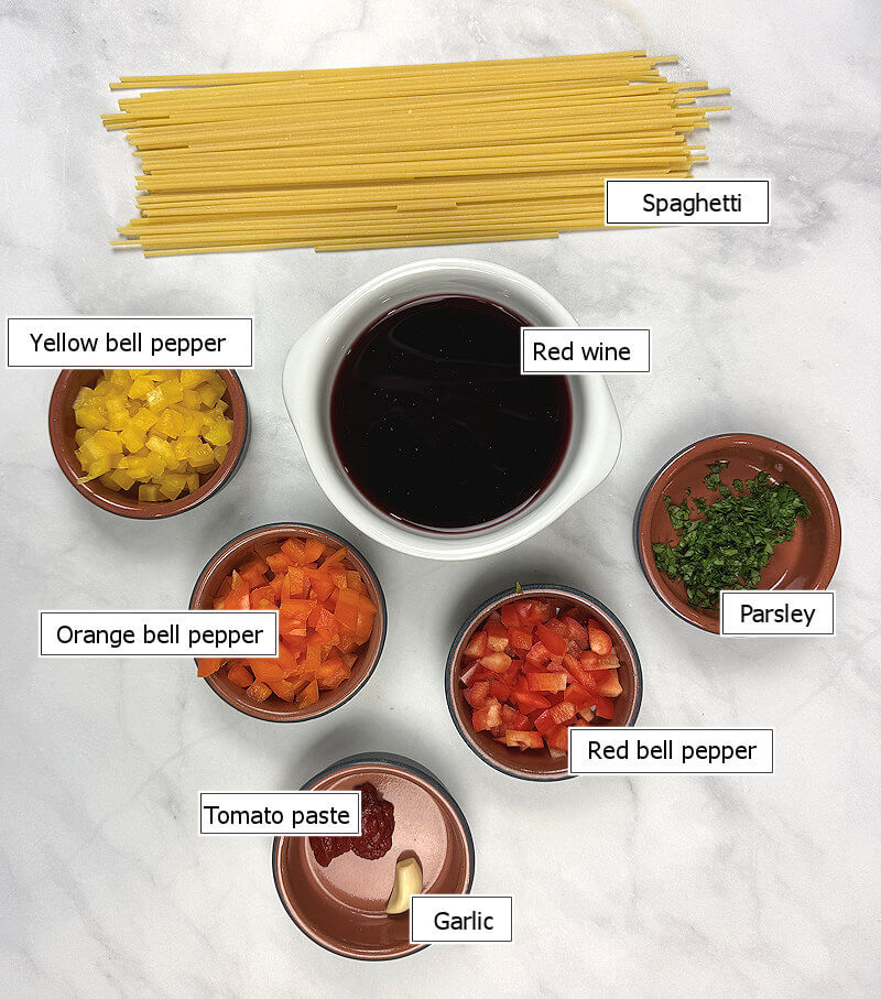 Key ingredients to make Drunken spaghetti with pepper confetti.