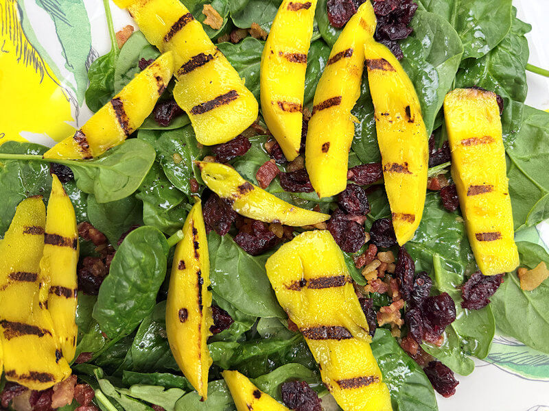 Close-up of Grilled Mango, Spinach Salad with Cranberries