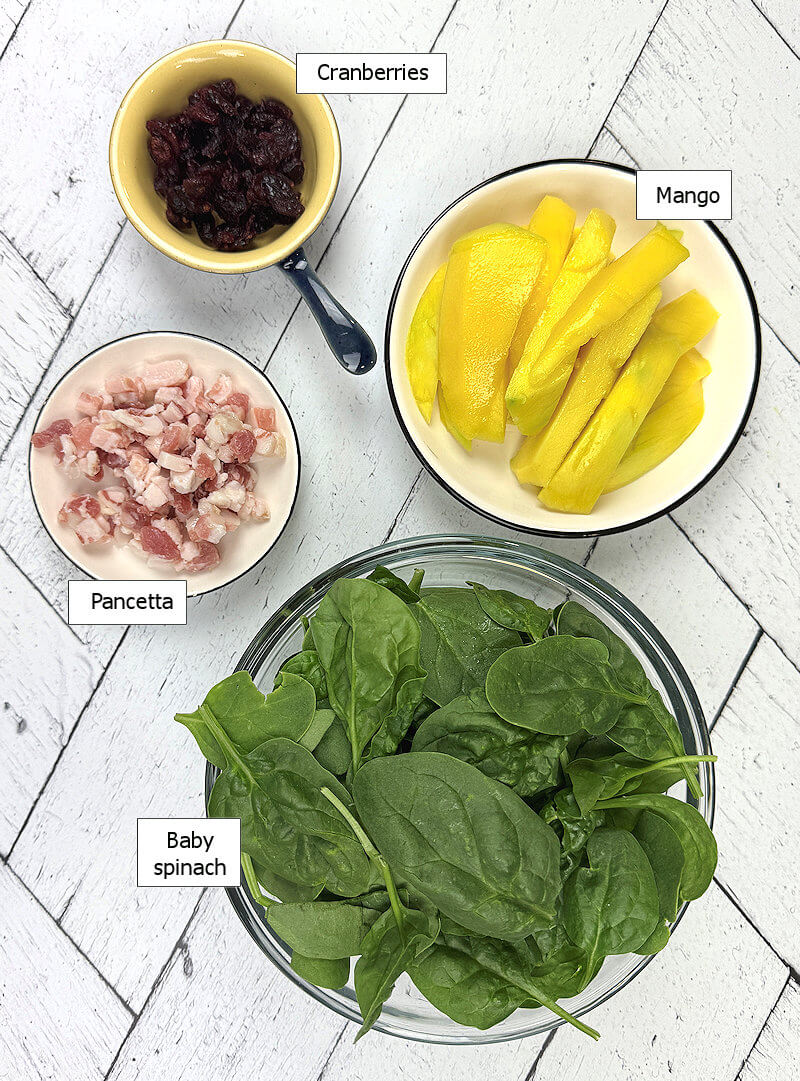 Key ingredients to make Grilled Mango, Spinach Salad with Cranberries