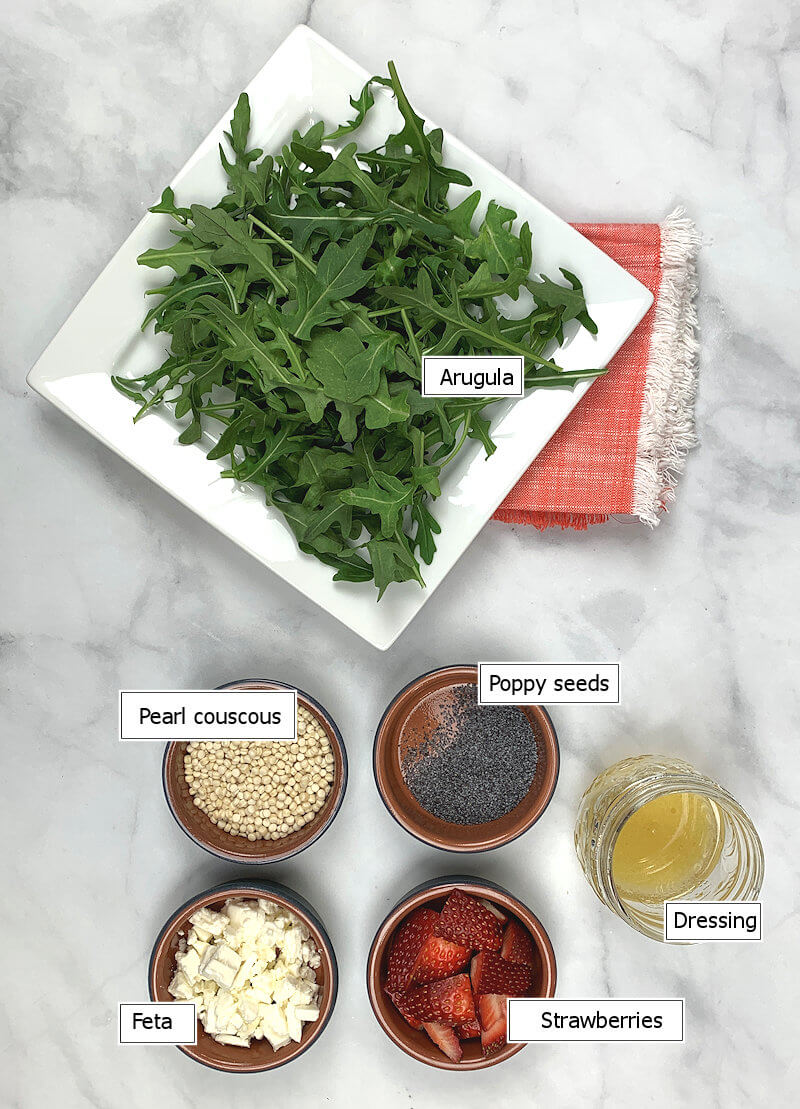 Key ingredients to make Couscous Arugula Strawberry Salad