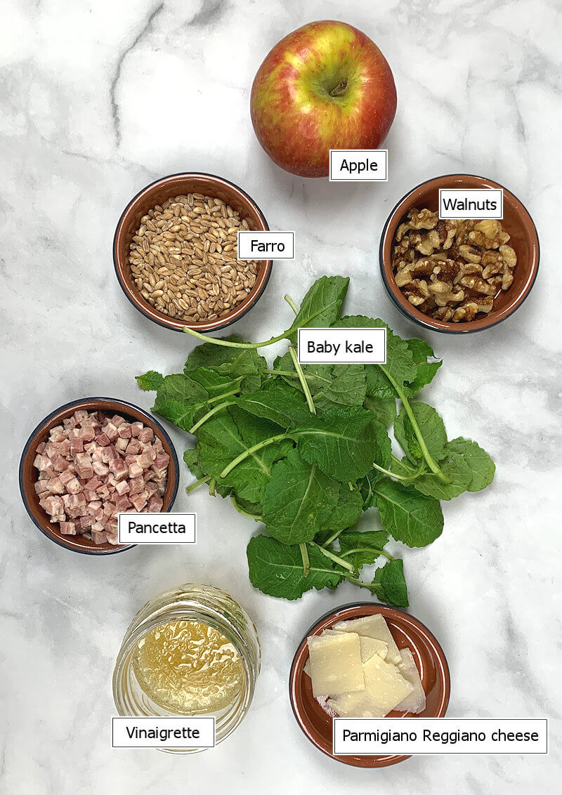 Key ingredients to make Farro, baby kale and apple salad