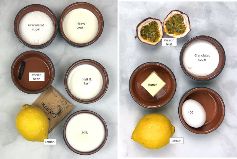 Key ingredients to make Lemon Panna Cotta with Passion Fruit Curd