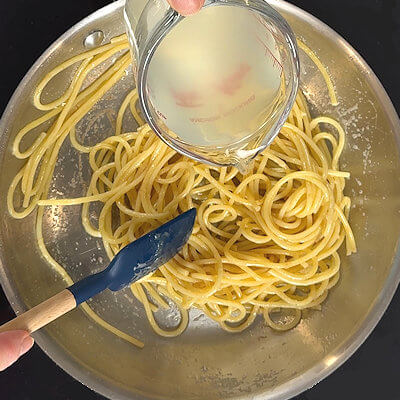 Step 5 - Add pasta water, little by little, continue stirring until you have a thin sauce. Don't add to much at once, as you may need to add more cheese to thicken the sauce.