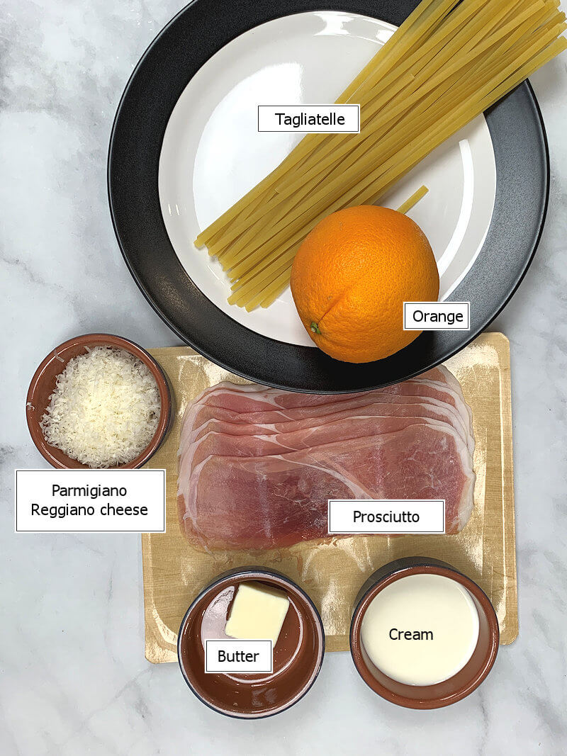 Key ingredients to make Tagliatelle with Prosciutto & Orange Cream
