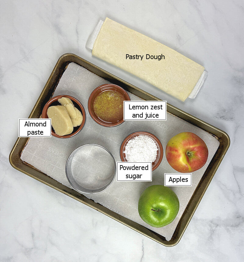 Key ingredients to make Apple Hand Tart with Lemon Almond Paste