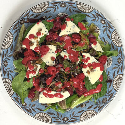 Step 5 - Toast the pine nuts. Check out this post to see how. Allow them to cool a little and then sprinkle them over the salad. Now it is time for a drizzle of the raspberry balsamic vinegar.