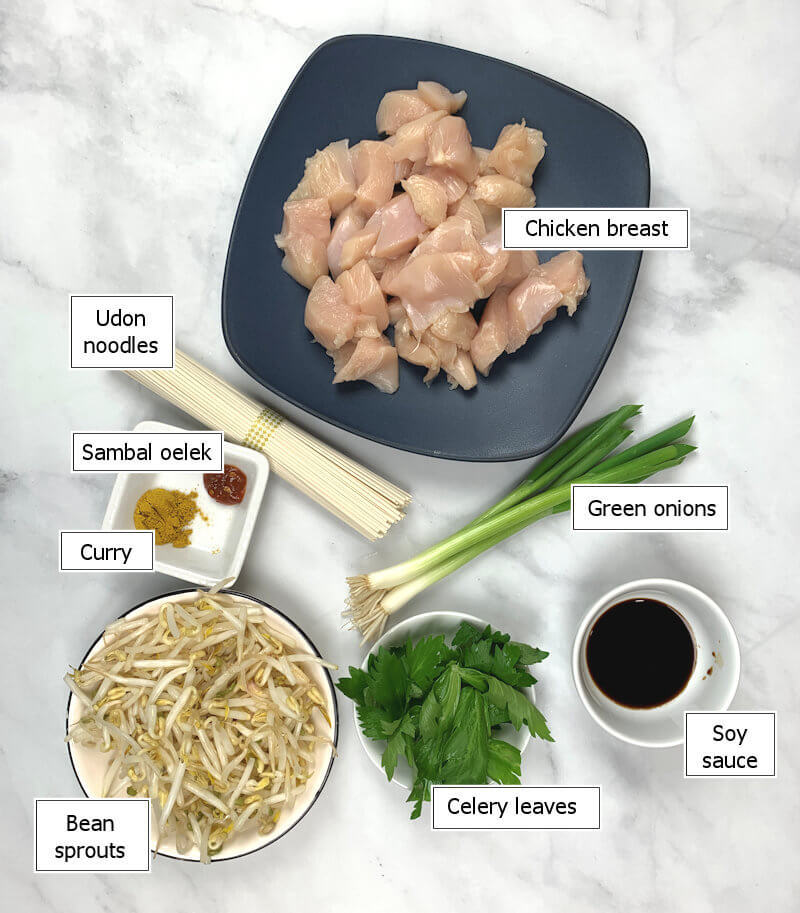 Key ingredients to make Udon Noodles with Chicken & Bean Sprouts