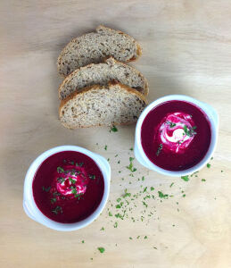 Roasted Beet Soup with Apple Lemon and Creme Fraiche