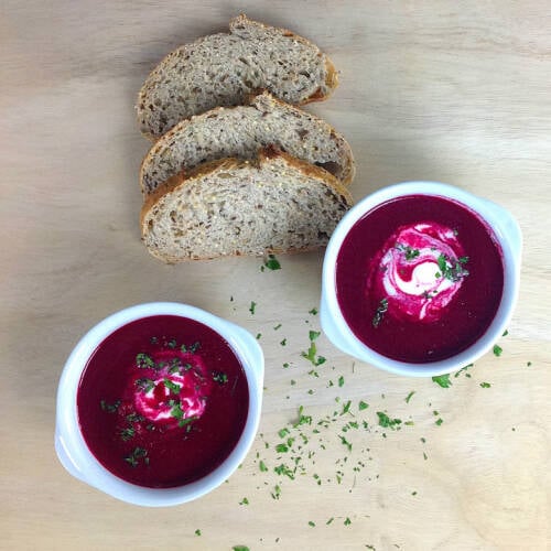 Roasted Beet Soup with Apple Lemon and Creme Fraiche