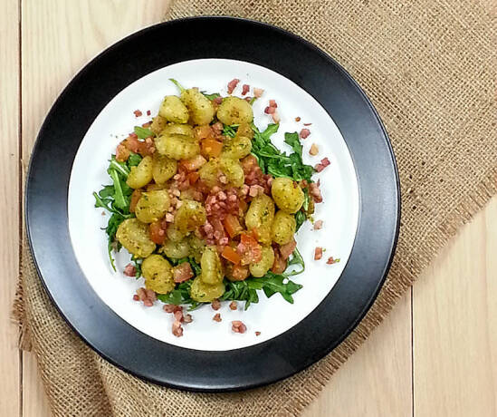 Stir Fried Gnocchi with Arugula and Pancetta