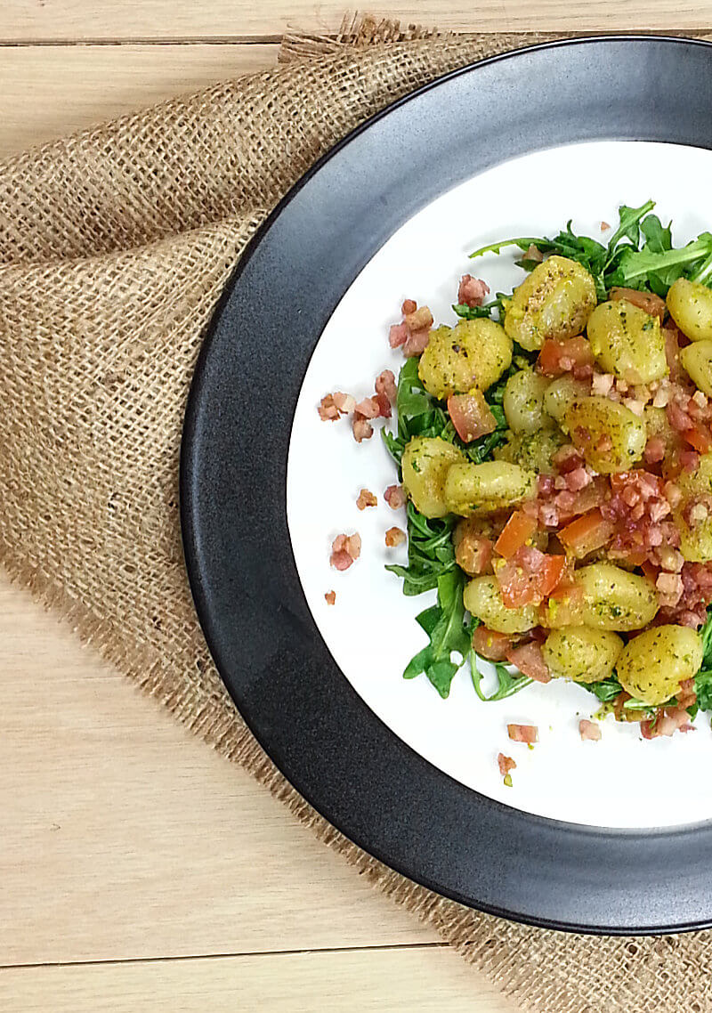 Close-up of Stir-Fried Gnocchi with Arugula & Pancetta