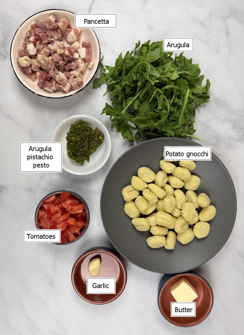 Key ingredients to make Stir-Fried Gnocchi with Arugula & Pancetta