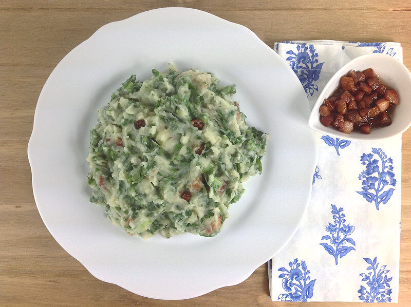 Lettuce, Potato, Bacon and Apple Mash on a plate.