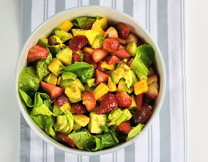 Top down view of Strawberry, Mango & Avocado Salad