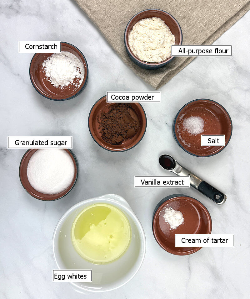 Key ingredients to make chocolate angel food cupcakes