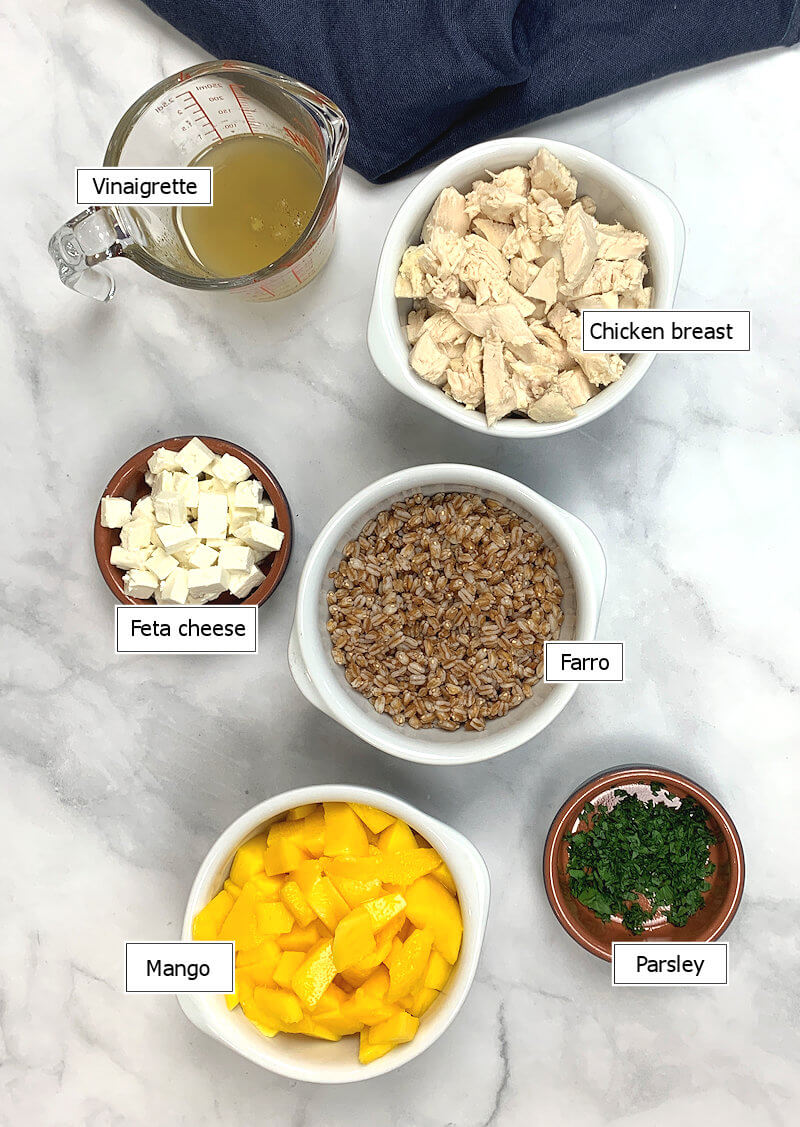 Key ingredients to make Farro Salad with Mango & Feta