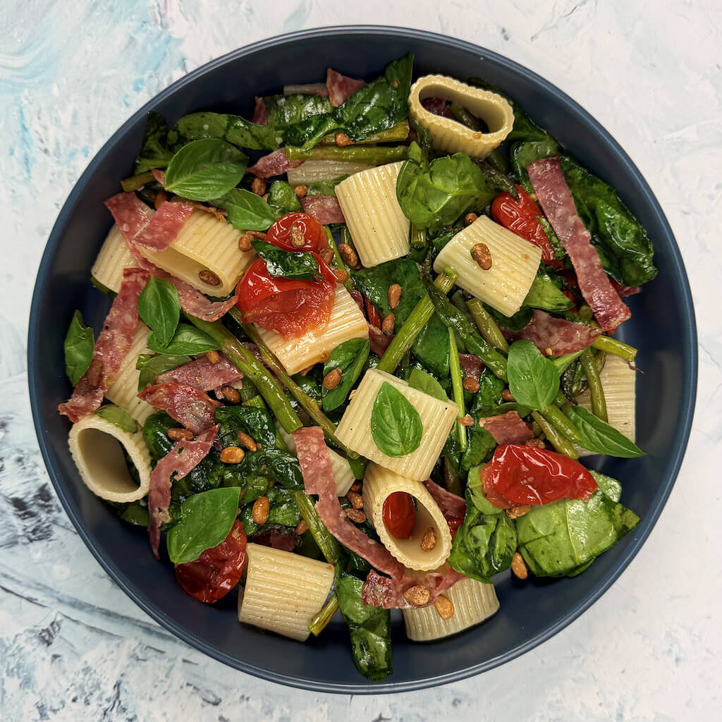 Pasta Salad with Asparagus, Spinach & Salami