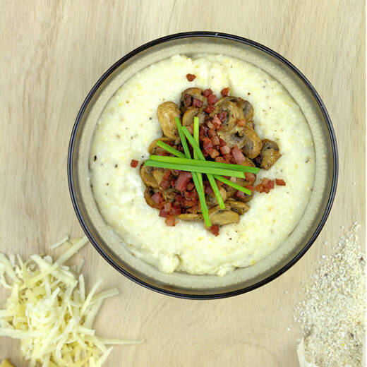 Gruyere Grits with Mushrooms and Crispy Bacon