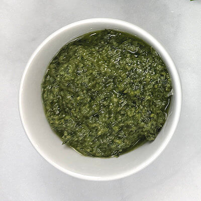 Step 2 - While the pasta, potatoes and beans are cooking, you have time to make the basil pesto.