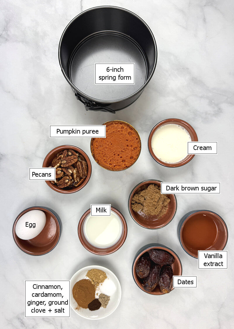 Key ingredients to make Pumpkin Pie on Date-Pecan Crust