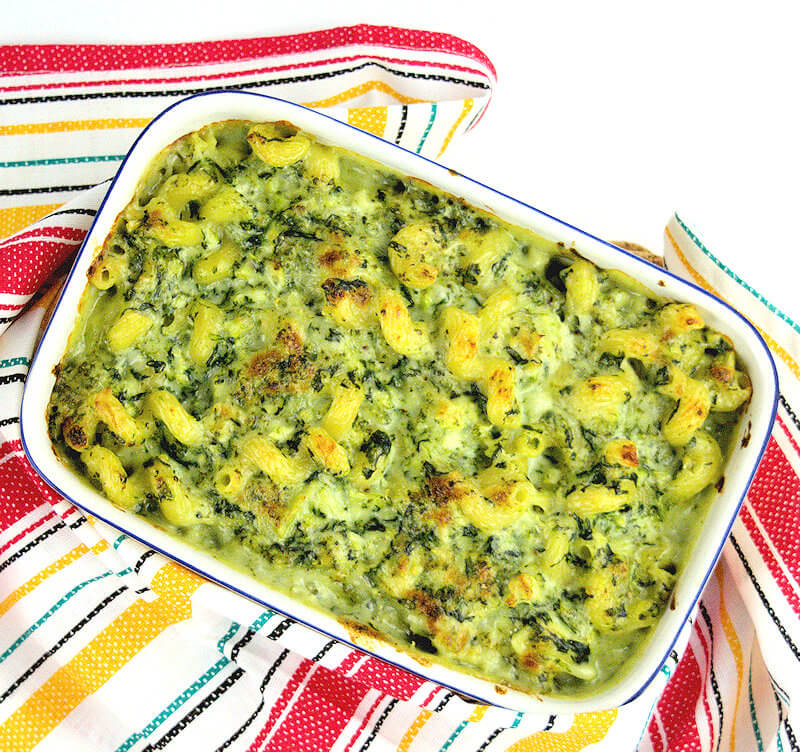 Top down picture of Broccoli and Spinach Mac & Cheese, just out of the oven