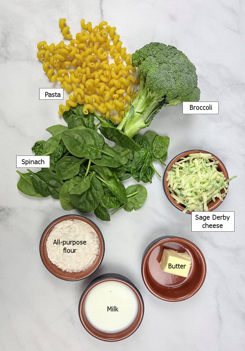 Key ingredients to make Broccoli and Spinach Mac and Cheese