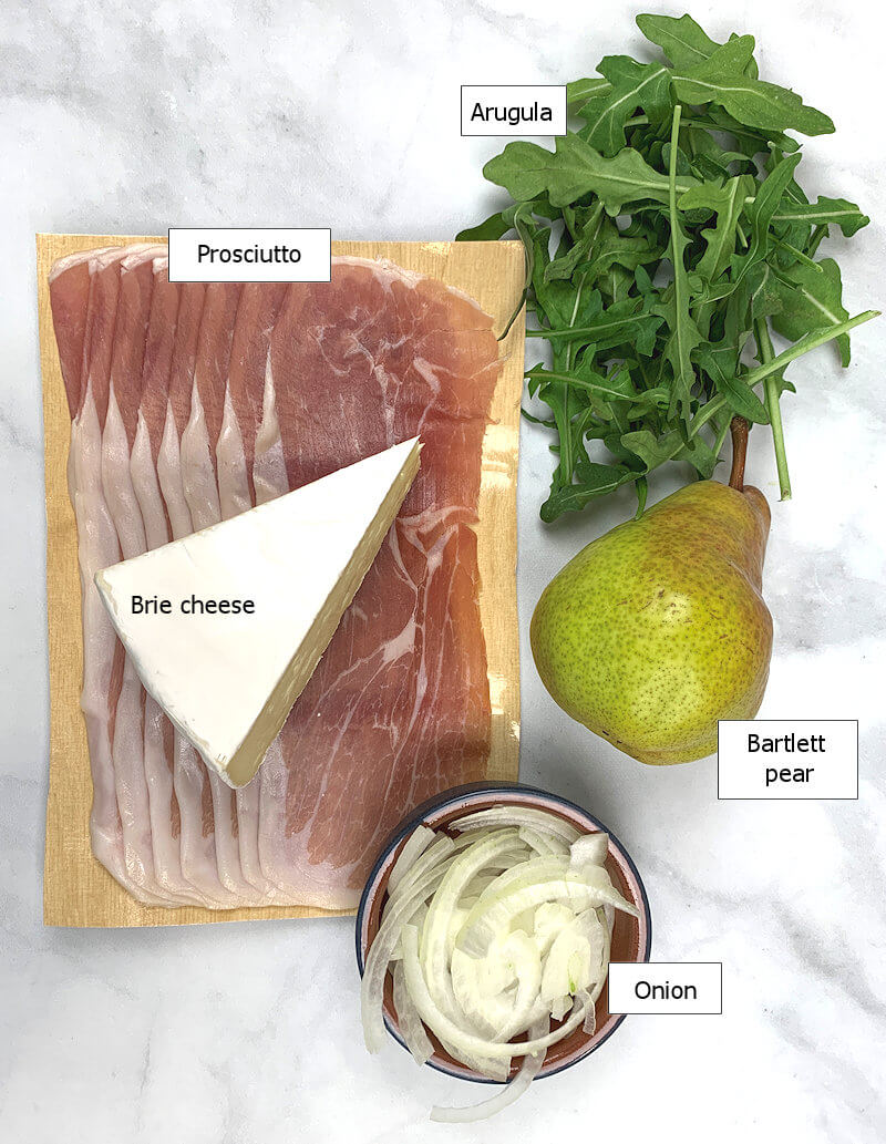 Ingredients to make Pear, Brie and Prosciutto Pizza