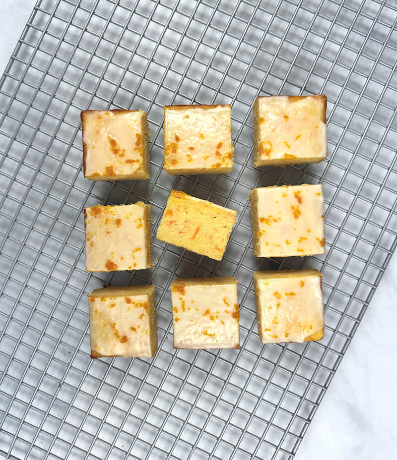 Time to cut the cake. Since it is a small batch cake (6x6 cake pan), you can cut it in squares of 3x3 or 2x2 or 2x6 or triangles.