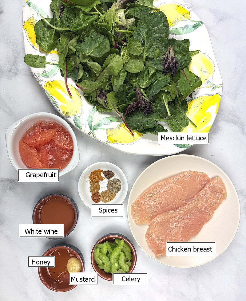 Key ingredients to make Citrus, Chicken & Greens Salad