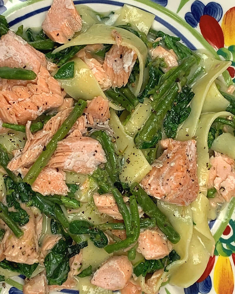 Close-up of Salmon, Asparagus & Spinach Pappardelle