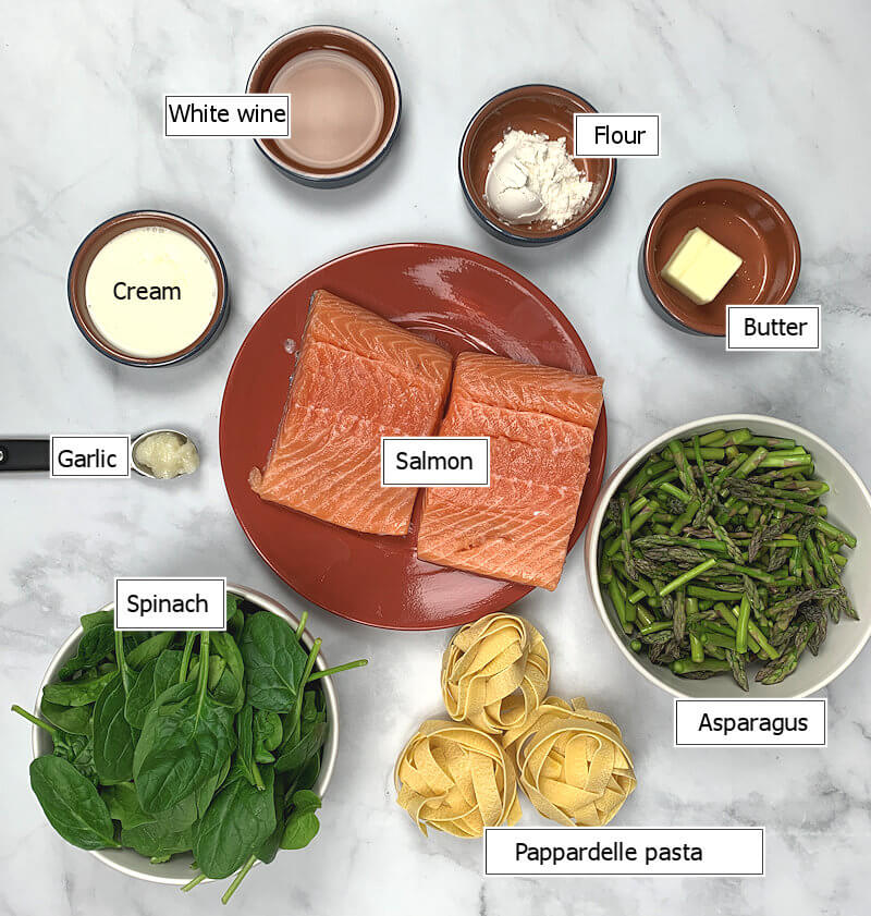 Key ingredients to make Salmon, Asparagus & Spinach Pappardelle