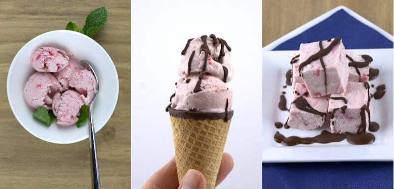 Three ways to serve the ice cream. In curls, in a cone or as cubes. Drizzled with chocolate or decorated with mint leaves.