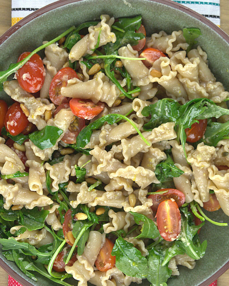 Close-up of Whole Grain Trumpets with Tomatoes & Arugula