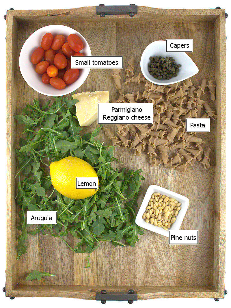Key ingredients to make Whole Grain Trumpets with Tomatoes & Arugula