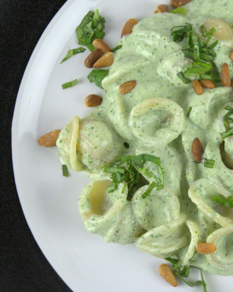 Close-Up of Orecchiette with Creamy Basil & Blue Cheese Sauce