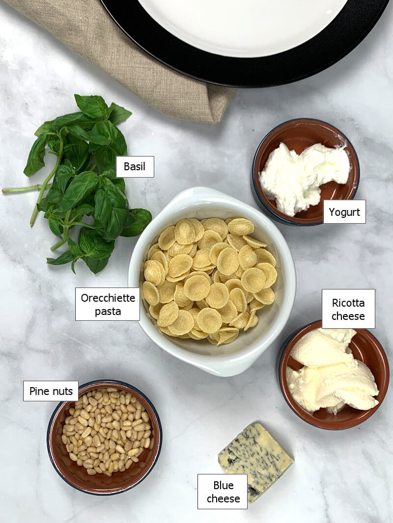 Key ingredients to make Orecchiette with Creamy Basil & Blue Cheese Sauce