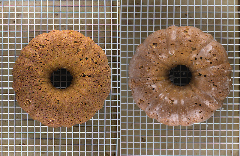 Bundt cake baked and covered with icing.
