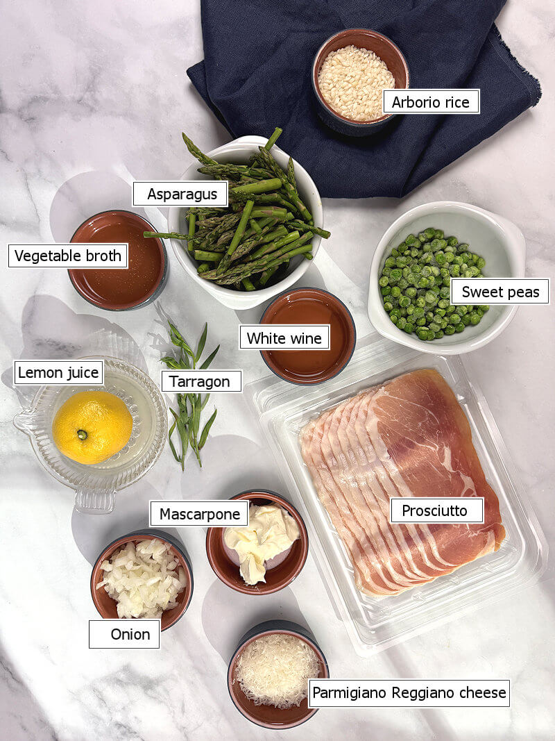 Key ingredients to make Asparagus & Peas Risotto