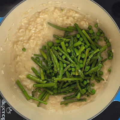 Step 4 - Add the cooled asparagus and sweet peas.