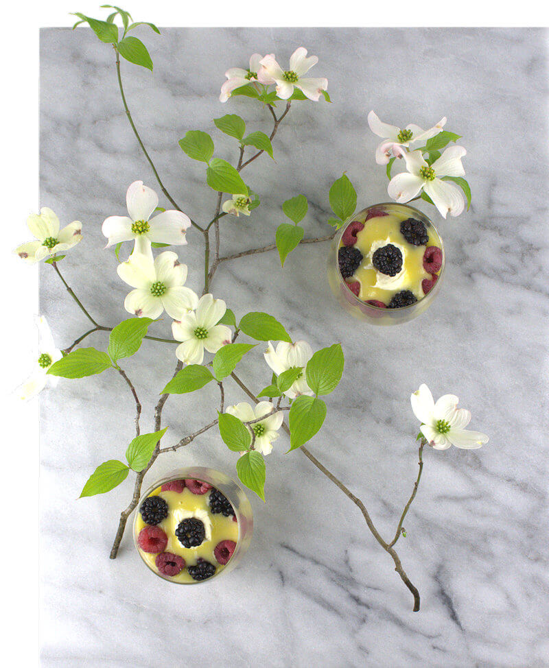 Top down image of bowls of lemon curd with berries and mascarpone and a branch of dogwood on a marble background