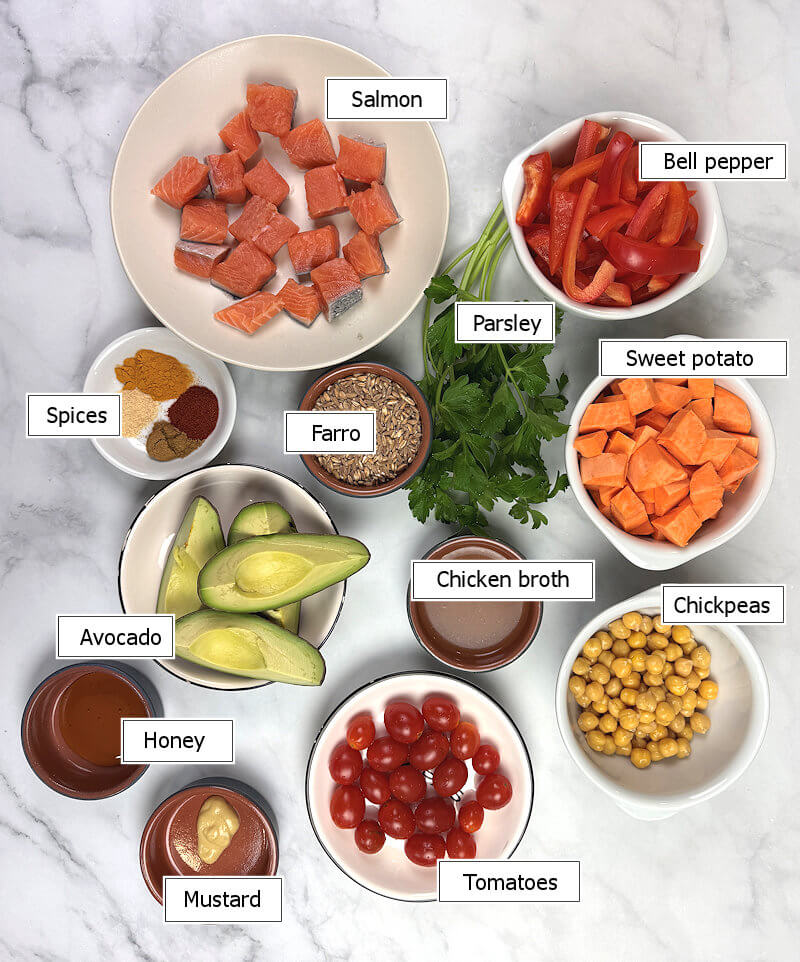 Key ingredients to make Salmon and Farro Salad