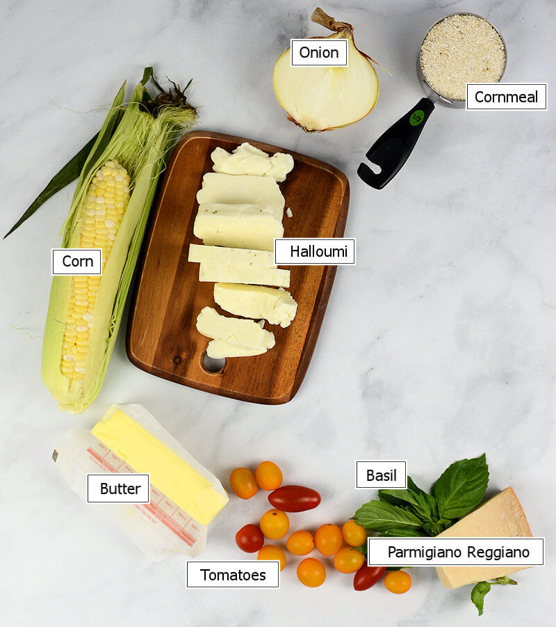 Key ingredients to make Creamy grits with halloumi & tomatoes