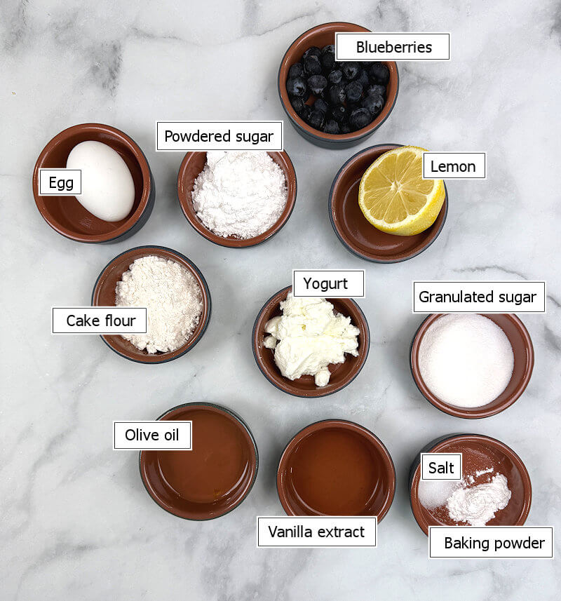 Key ingredients to make Blueberry-Glazed Lemon Yogurt Cake