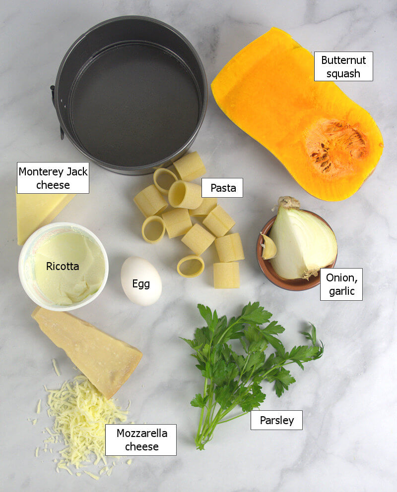 Key ingredients to make Butternut Squash Pasta Pie