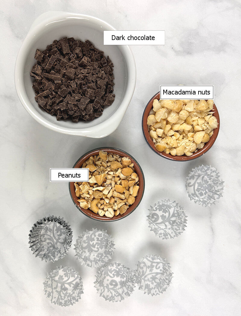 Key ingredients to make dark chocolate nut cups