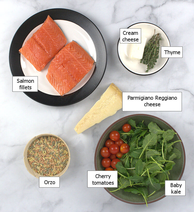 Key ingredients to make Creamy Kale and Salmon in Orzo