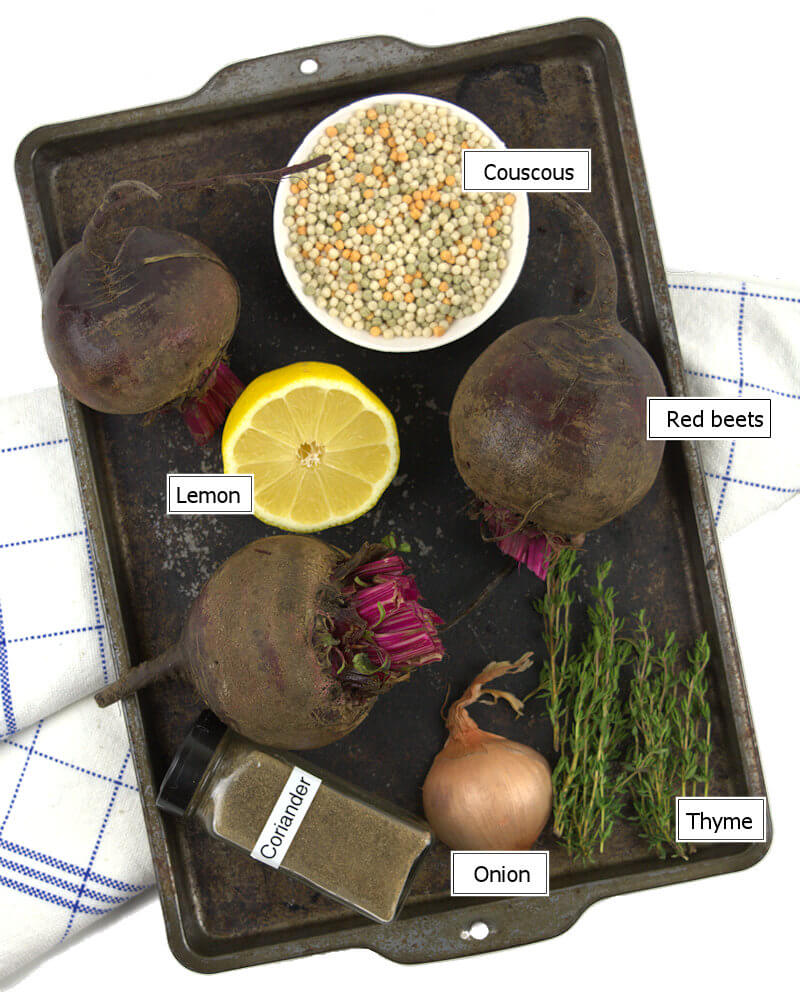 Key ingredients to make Pear couscous with beets.