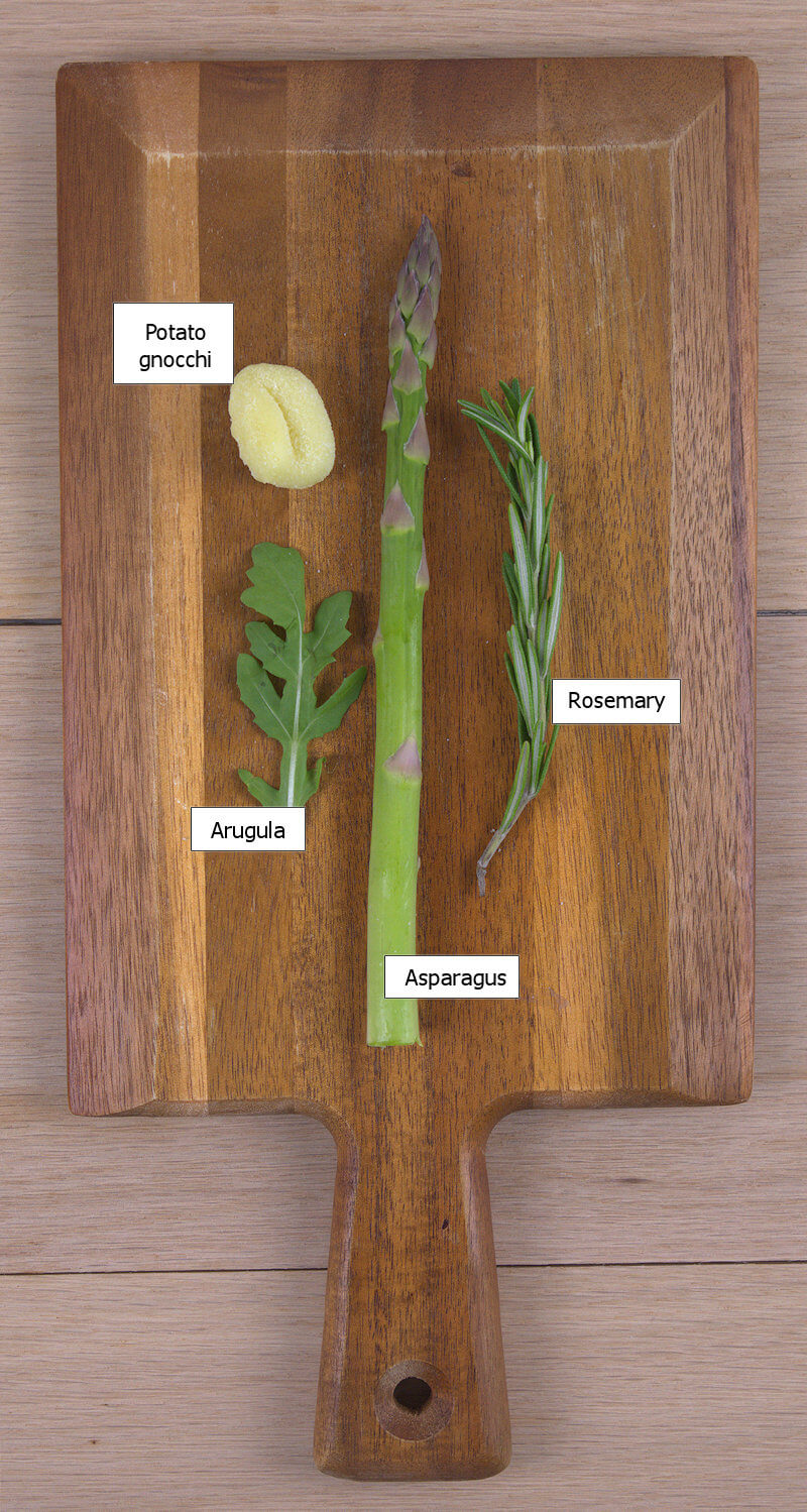 Key ingredients to make Gnocchi with Asparagus and Arugula