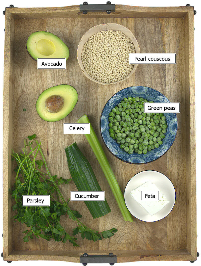 Key ingredients to make Couscous Salad with Feta & Greens