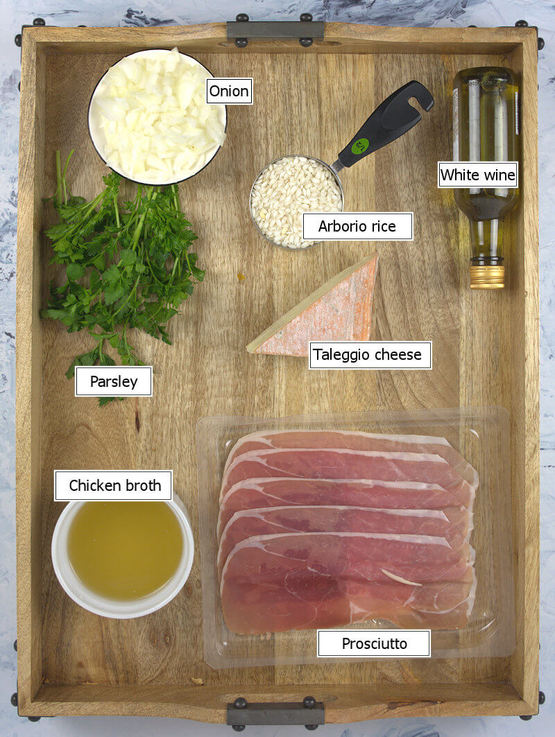 Key ingredients to make Risotto with Taleggio and Prosciutto